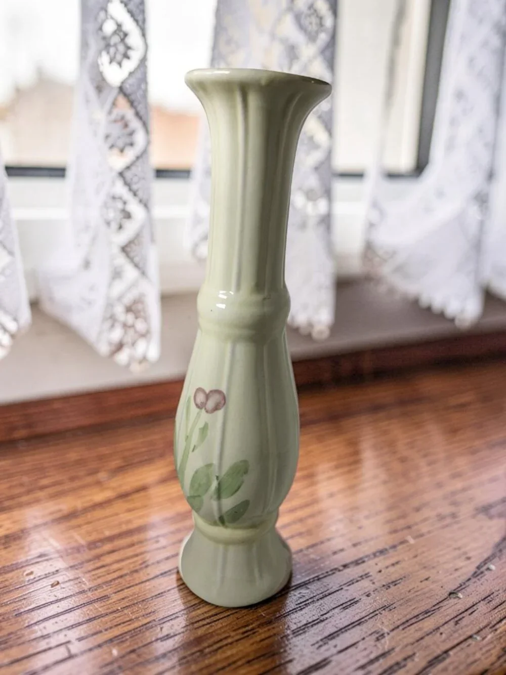 Vintage 1981 FTDA Ivory Ceramic Slender Tall Hand Painted Floral Motif Vase